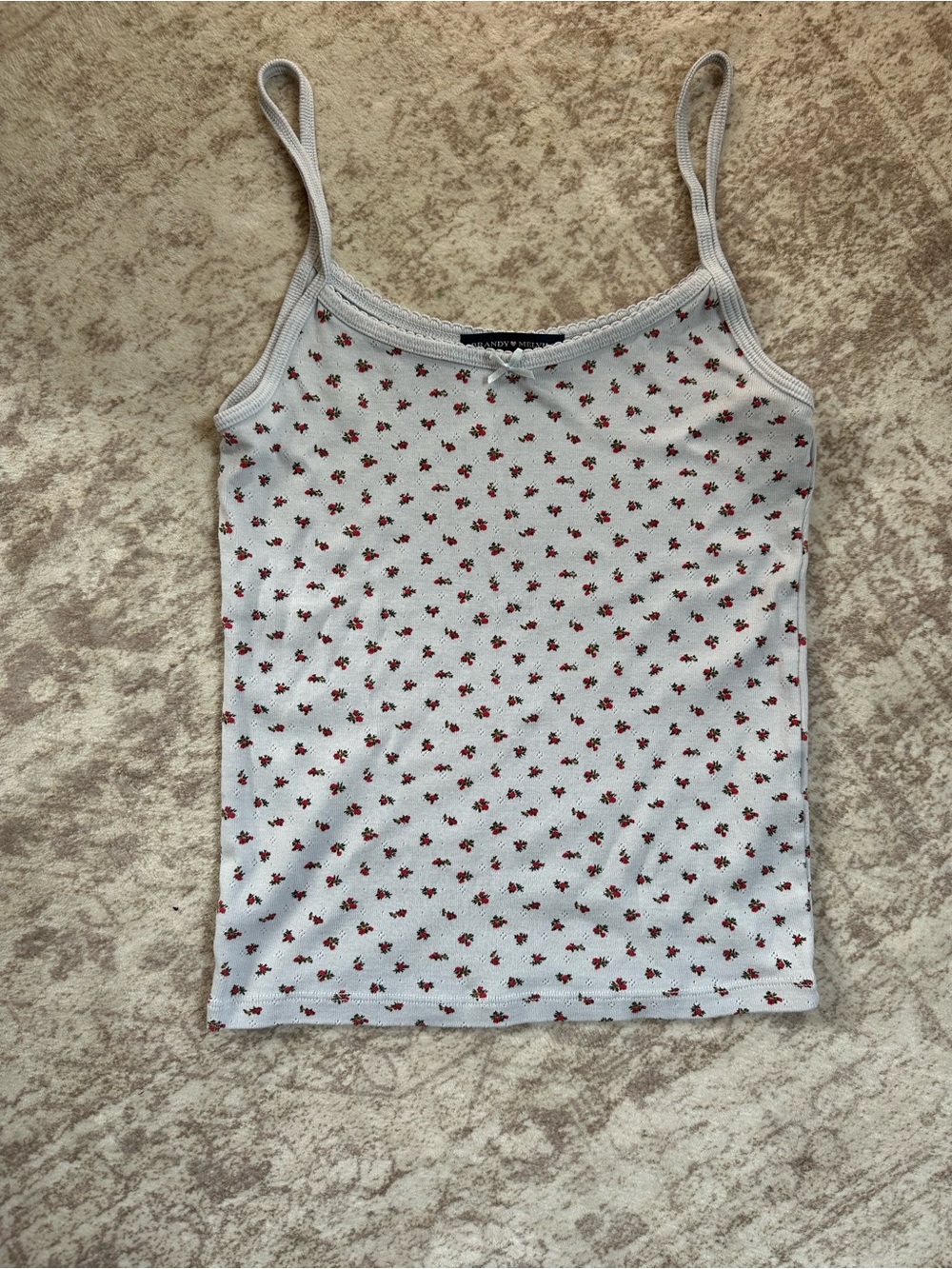 Brandy Melville White Ribbed Floral Spaghetti Strap Tank